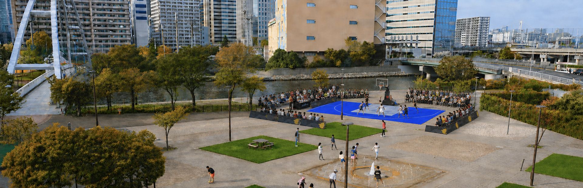 東品川海上公園の広場に設営された3x3コートと、それを取り囲む観客席の俯瞰イメージ。手前の噴水広場では親子連れが遊び、背後に天王洲南運河と天王洲アイルのビル群が見える